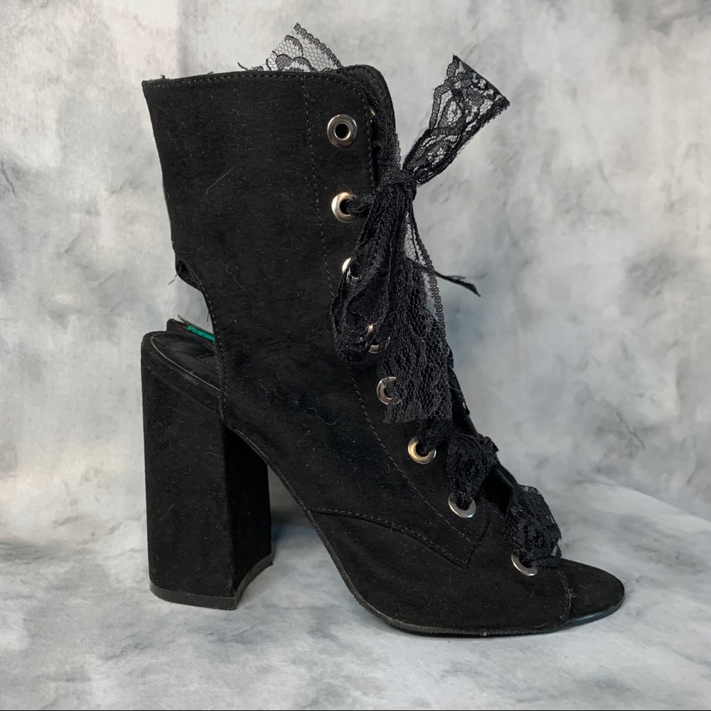 Lace Up Cut Out Open Toe Suede Heels